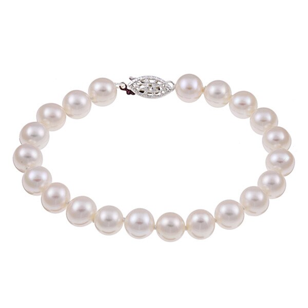 Shop DaVonna Sterling Silver White Cultured Pearl Bracelet (7-8 mm ...