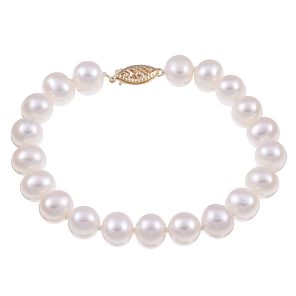 DaVonna 14k Yellow Gold White Cultured Pearl Bracelet (8 9 mm) DaVonna Pearl Bracelets