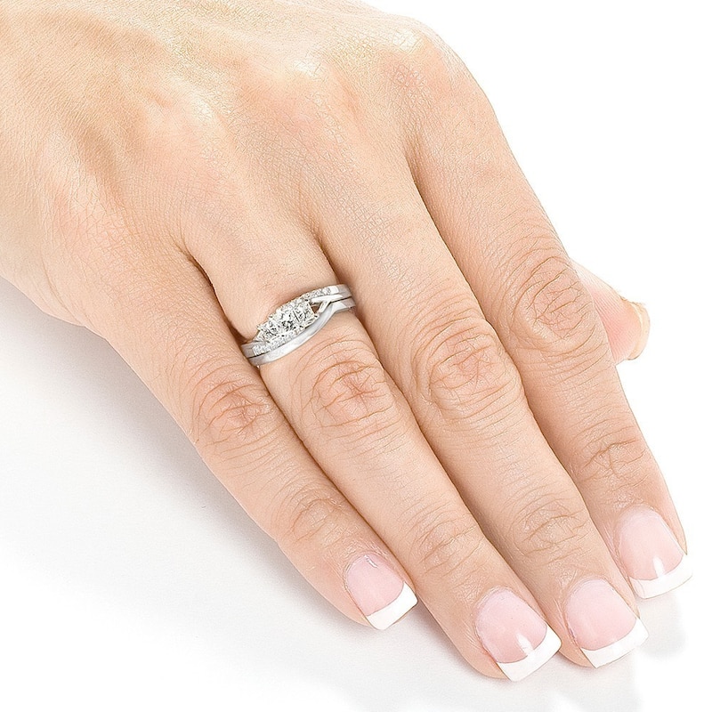Annello by Kobelli 14k White Gold 1/2ct TDW Princess Diamond 3-Stone Curved Bridal Rings Set
