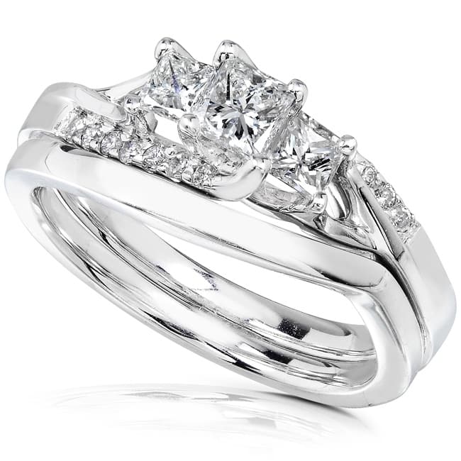 Annello by Kobelli 14k White Gold 1/2ct TDW Princess Diamond 3-Stone Curved Bridal Rings Set