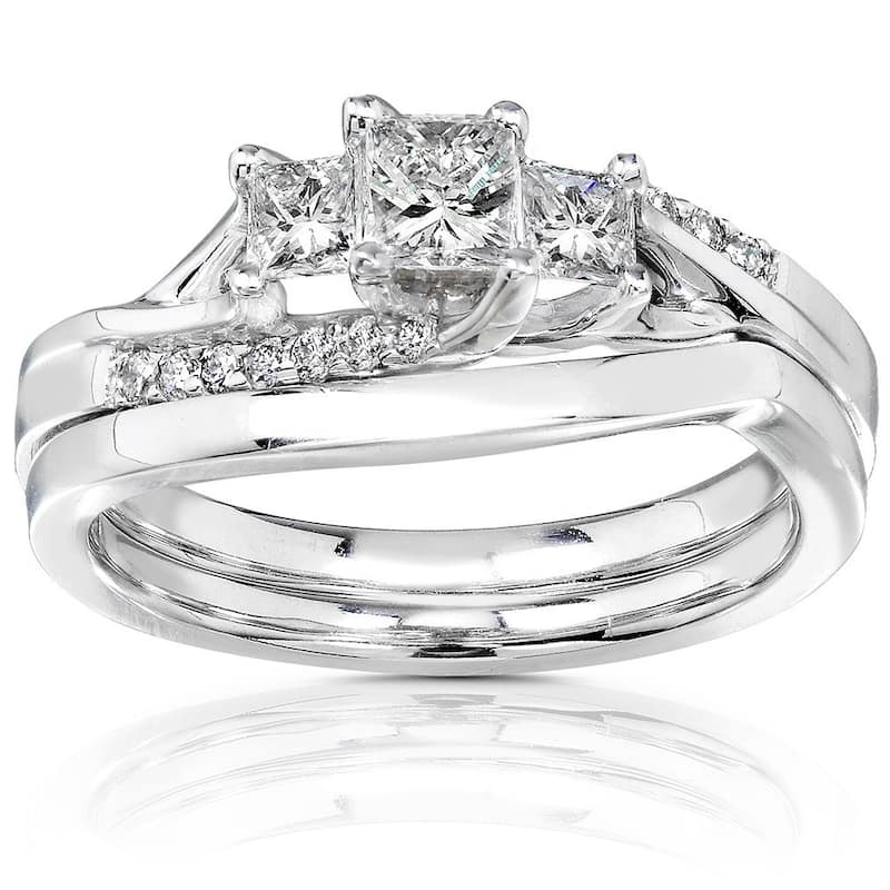 Annello by Kobelli 14k White Gold 1/2ct TDW Princess Diamond 3-Stone Curved Bridal Rings Set