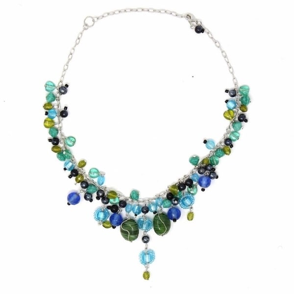 Handmade Silver Metal Green and Blue Glass Bead Charm Necklace (India)