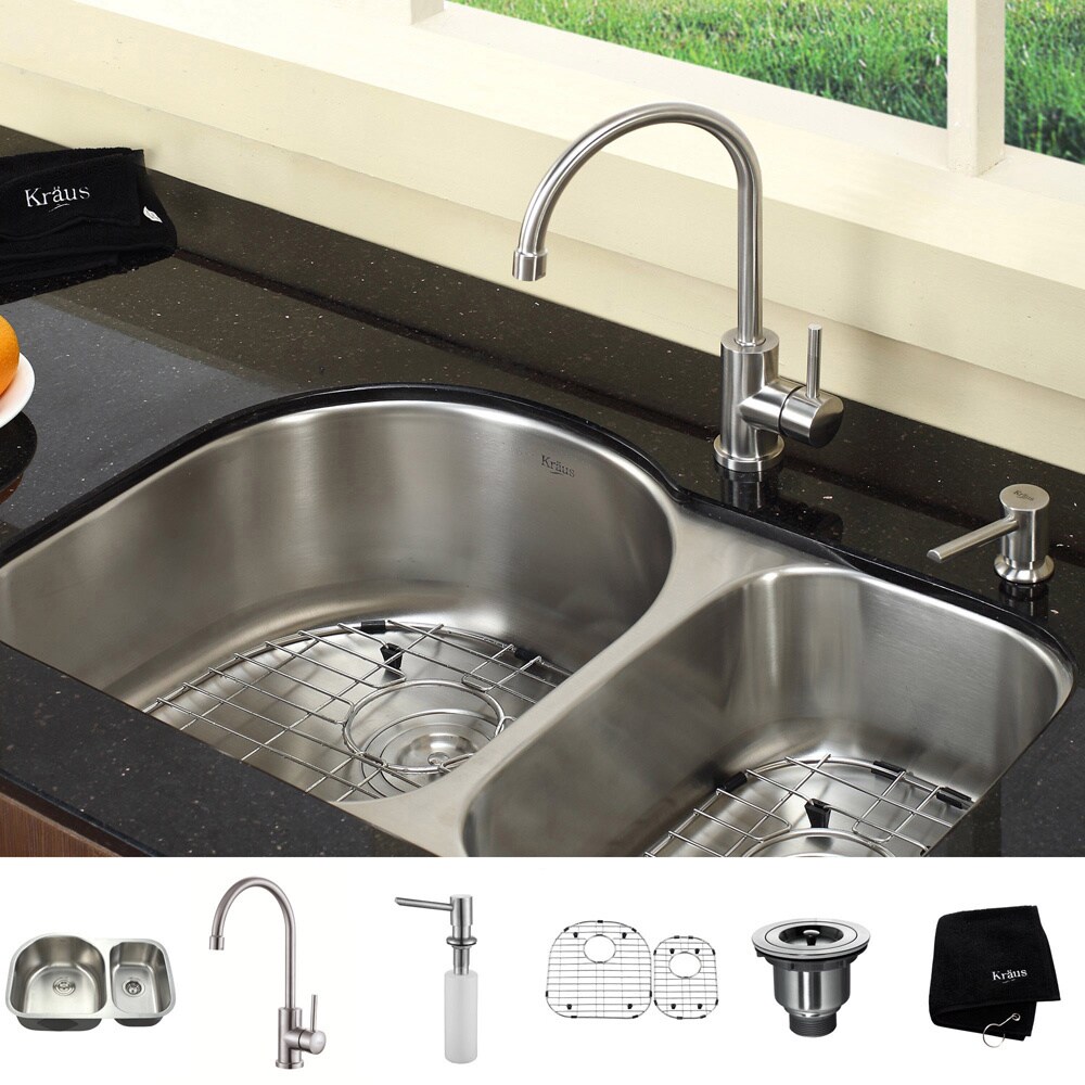 KRAUS 33 Inch Undermount Double Bowl Stainless Steel Kitchen Sink with  Kitchen Bar Faucet and Soap Dispenser - Bed Bath & Beyond - 4389944