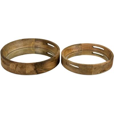 Set of 2 Wood Old Spanish Mission Tambourine Serving Trays