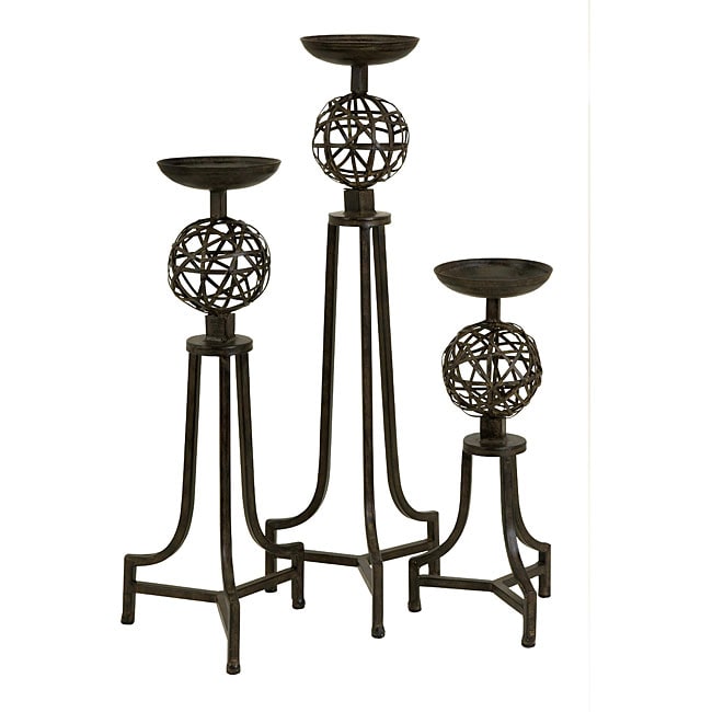 Set Of 3 Metal Argento Sphere Candlesticks