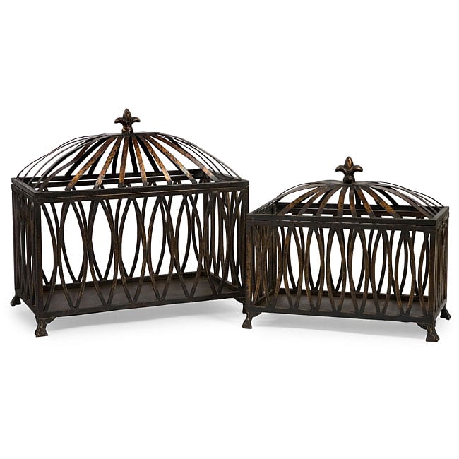 Set Of 2 Iron Argento Fleur de lis Open Metal Boxes