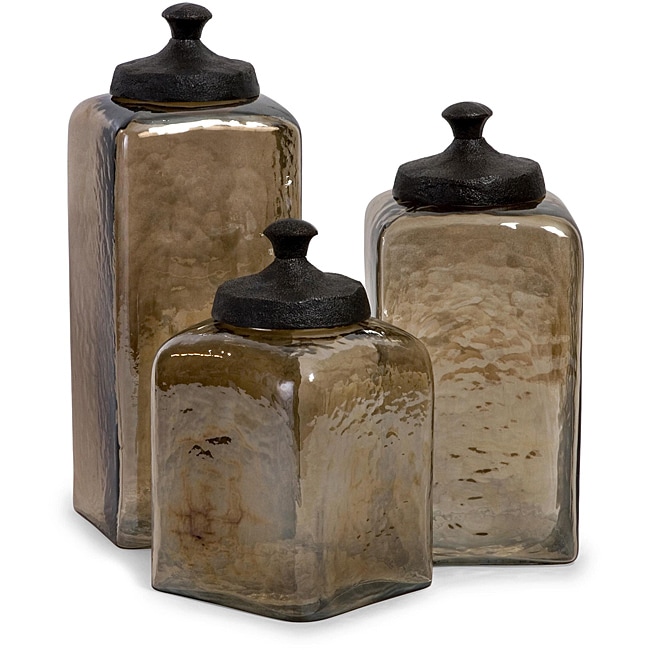 Set Of 3 Smokey Hammered Glass Portofino Square Canisters