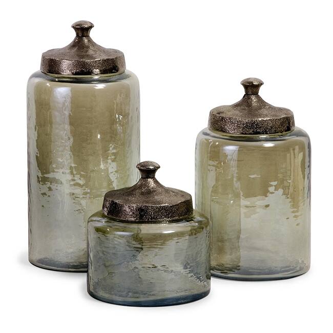 Portofino Round Green Hammered Glass Canisters (Set of 3)