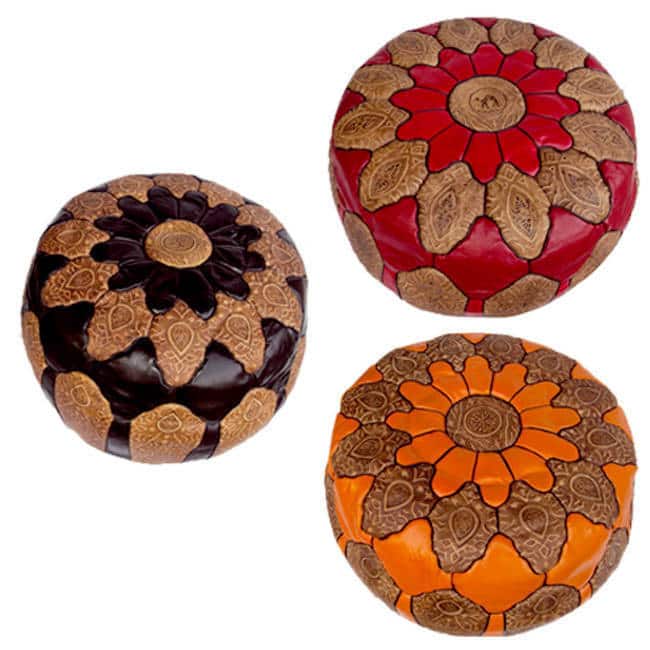 Handmade Round Mosaic Black Leather Ottoman Pouf (Made in Morocco)