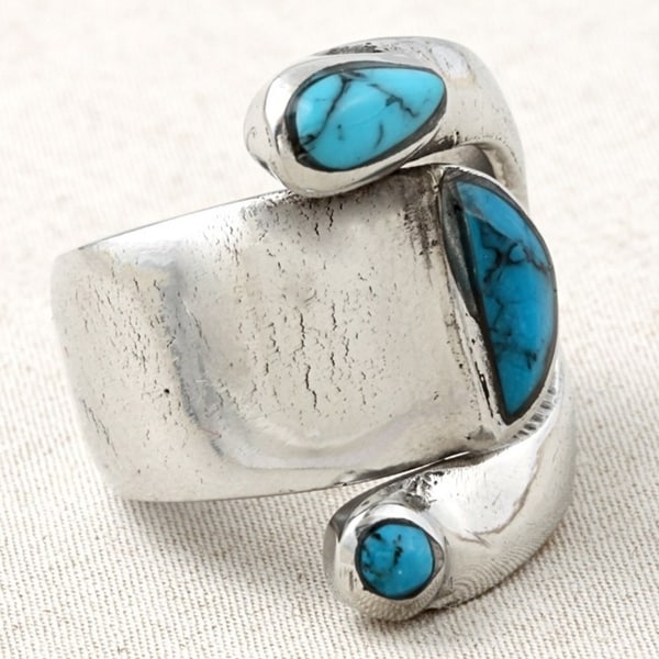 Precious Gem Jewellers .925 Sterling Silver Floral Inspired Simulated Turquoise Inlay Ring