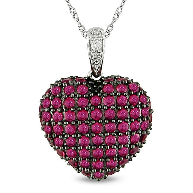 14k White Gold Created Ruby and Diamond Heart Necklace - Free Shipping ...