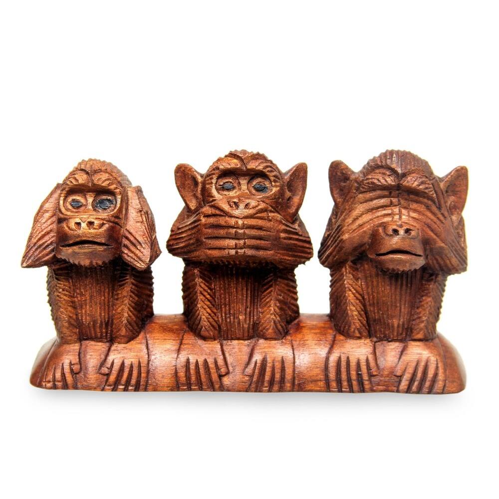 Three Wise Monkeys Hear Speak See No Evil Artisan Decorator Accent Brown Wood Traditonal Signed Art Work Sculpture