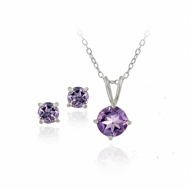 Glitzy Rocks Sterling Silver Round Cut Amethyst Solitaire Glitzy Rocks Sterling Silver Round Cut Amethyst Solitaire Earring And Necklace Set