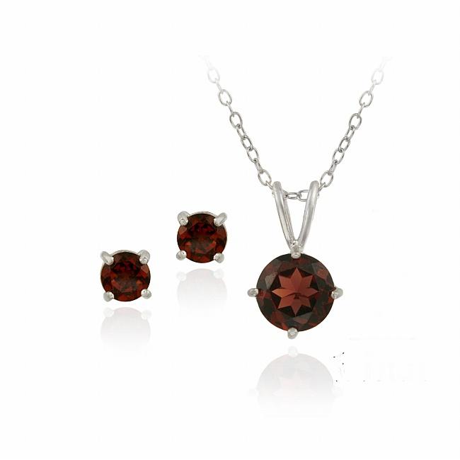Glitzy Rocks Sterling Silver Garnet Solitaire Earring And Glitzy Rocks Sterling Silver Garnet Solitaire Earring And Necklace Set