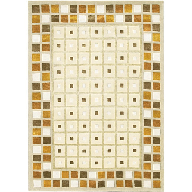 Hand knotted Ivory Geometric Mandara Wool Rug (79 X 106)