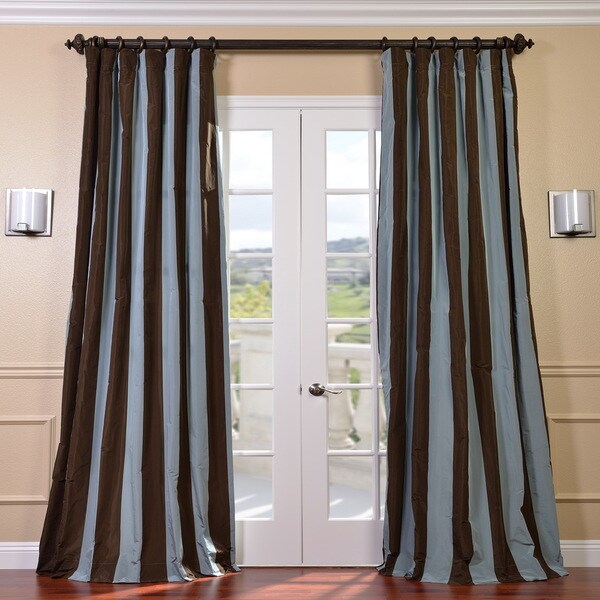 Signature Stripe Chocolate/ Blue Faux Silk Taffeta Curtain Panel (50 in. x 120 in.) EFF Curtains