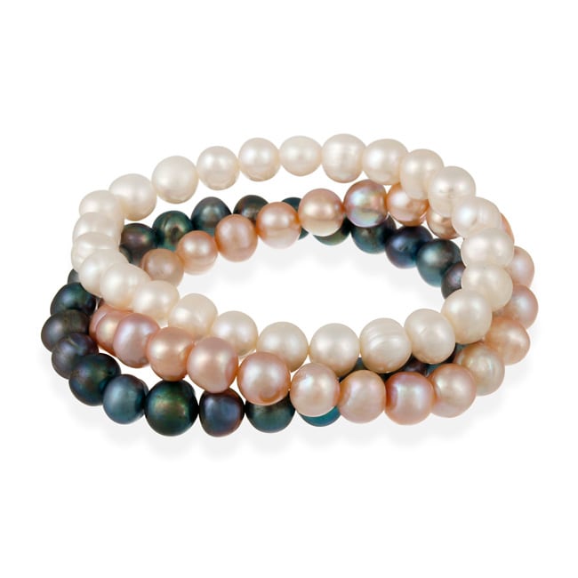 Glitzy Rocks Multicolored Freshwater Pearl Stretch Bracelets (Set of 3