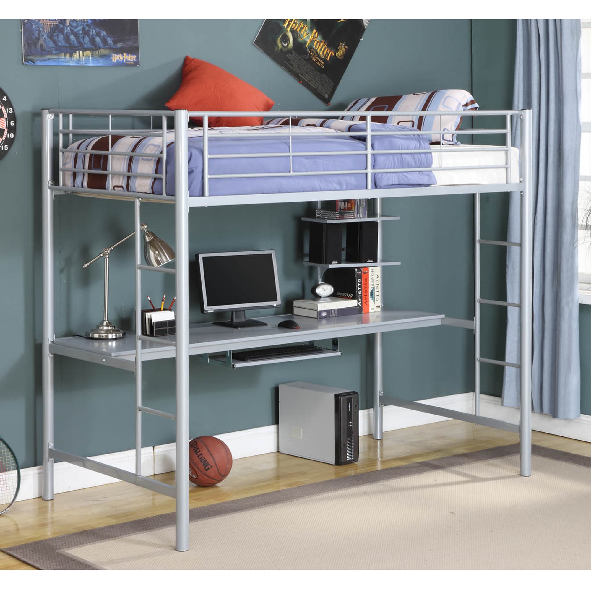 Walker Edison Silver Metal Twin Workstation Bunk Bed Silver Size Twin