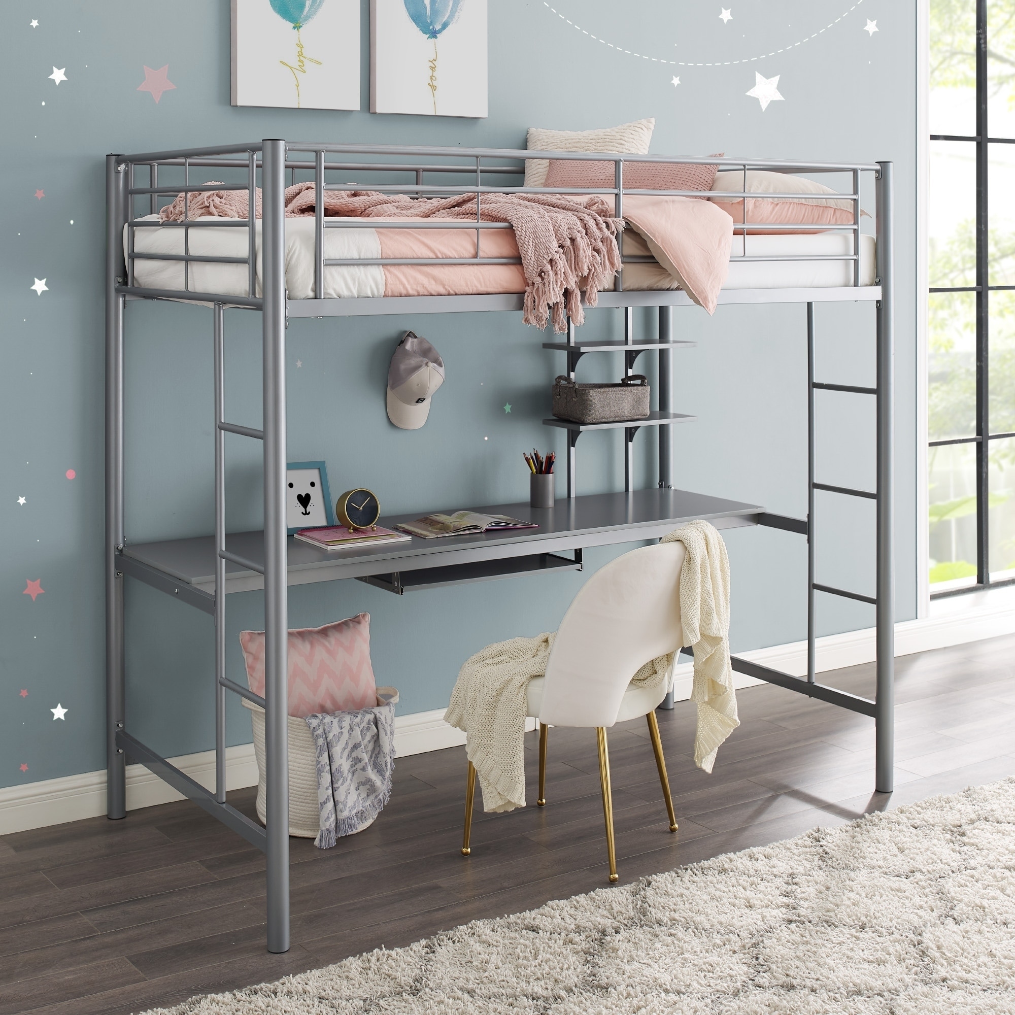 Taylor Olive Abner Twin Metal Loft Bed With Desk Silver