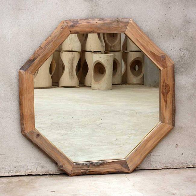Teak Wood White Oil Octagon Mirror (Thailand)