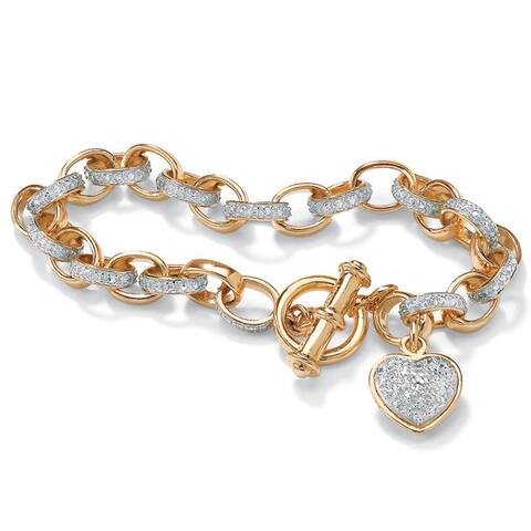 Gold or Platinum over Sterling Silver Diamond Accent Heart Charm Bracelet