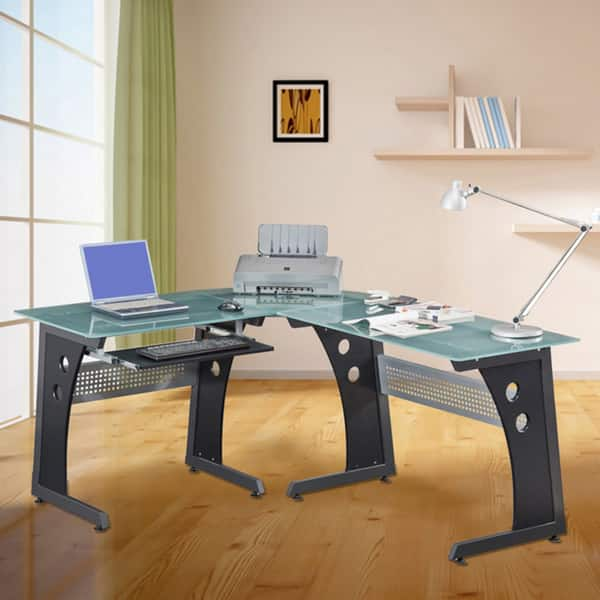 Shop Loft Style Tempered Glass L Shaped Computer Desk Black