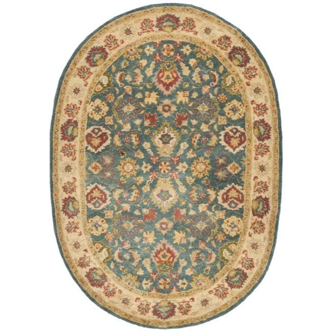 Handmade Jaipur Blue/ Beige Wool Rug (76 X 96 Oval)