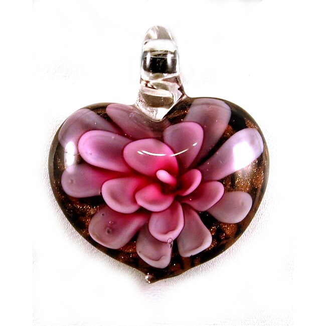 Black/Gold/Pink Hand crafted Murano style Glass Flower Heart Pendant