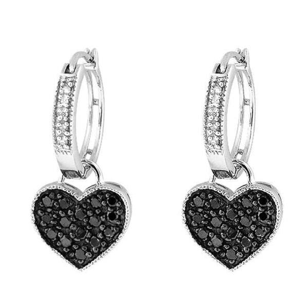 Sterling Silver Rhod Plated Black and White Diamond Heart Earrings Heart/Love 