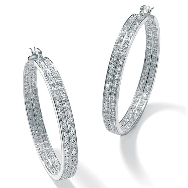 Shop Silver Tone Inside Out Double Row Hoop Earrings (51mm) Round Cubic