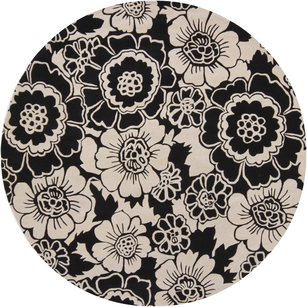 Hand tufted Mandara Black Floral New Zealand Wool Rug (79 Round)