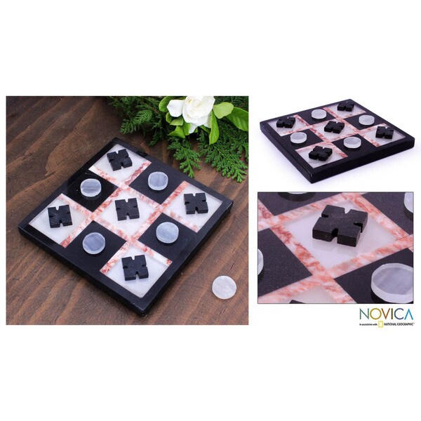 Handmade] Marble 'Rose on Black' Tic-Tac-Toe Set (Mexico) - Free 