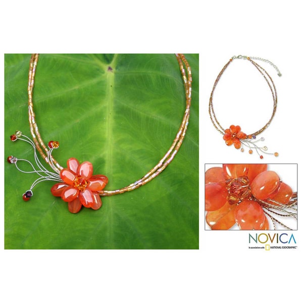 Stainless Steel 'Early Morning' Quartz and Carnelian Choker (Thailand) Novica Necklaces