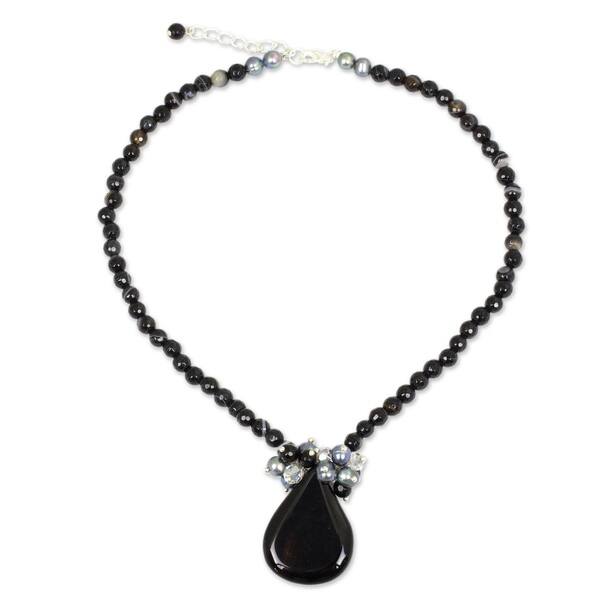 Handmade Freshwater Pearls And Black Onyx Teardrop Falls Beaded Pendant Necklace Thailand On Sale Overstock