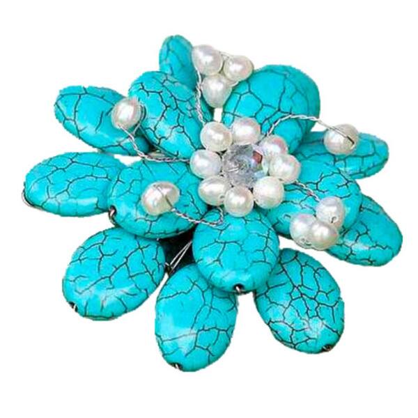 Handmade Resin 'Blue Azalea' Pearl Brooch (4-6 mm) (Thailand)