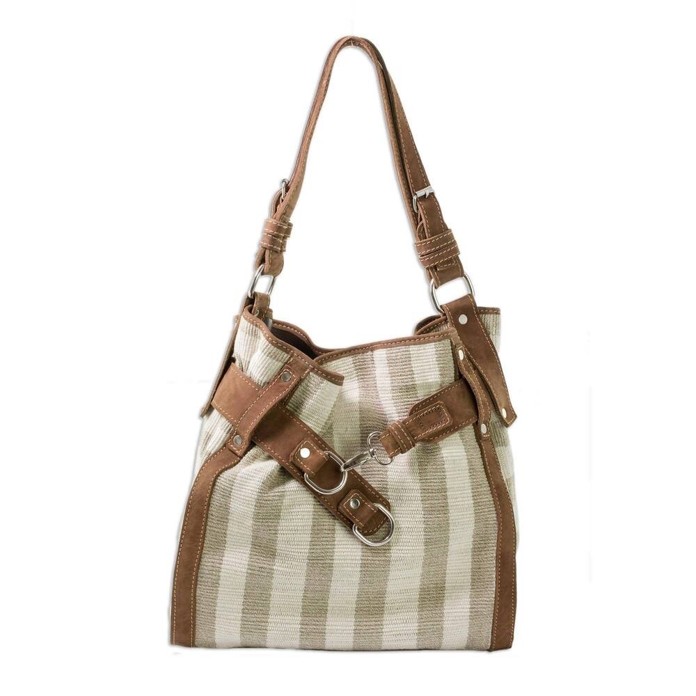 Handwoven Natural Eco Cotton and Brown Leather Adjustable Strap Womens Shoulder Bag (Guatemala)