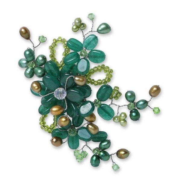 Green Quartz 'Floral Mint' Pearl Brooch 