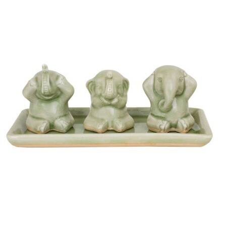 Set of 3 Celadon Ceramic 'Elephant Life Lessons' Figurines