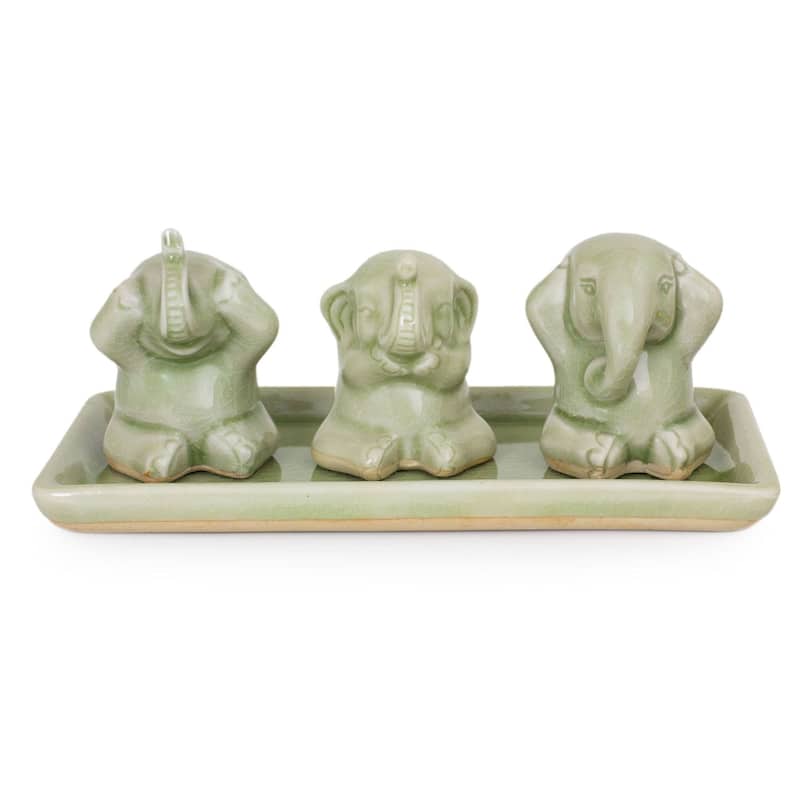 Set of 3 Celadon Ceramic 'Elephant Life Lessons' Figurines - N/A