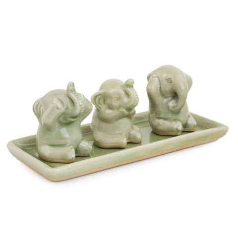 Set of 3 Celadon Ceramic 'Elephant Life Lessons' Figurines