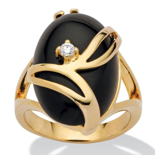Yellow Gold Plated Natural Black Onyx And Round Crystal Ring On Sale Overstock