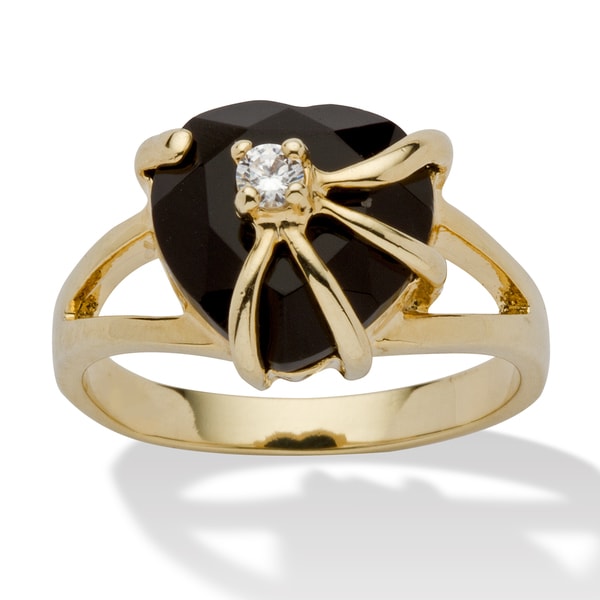 PalmBeach Heart Shaped Genuine Onyx Cubic Zirconia Accent 14k Yellow