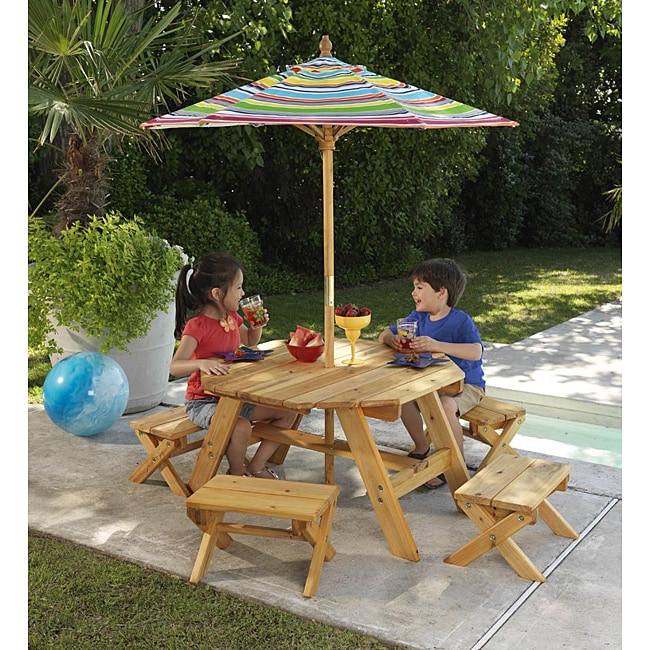 Octagon Table & 4 Benches with Multi-striped Umbrella Children's Patio