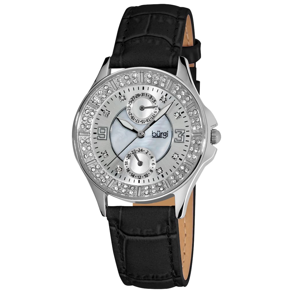 Burgi Women's Diamond Classic Stainless-Steel GMT Date Black-Strap Watch