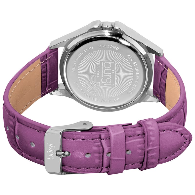 Burgi Women's Diamond Classic Stainless-Steel GMT Date Plum-Red Strap Watch
