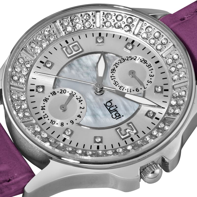 Burgi Women's Diamond Classic Stainless-Steel GMT Date Plum-Red Strap Watch