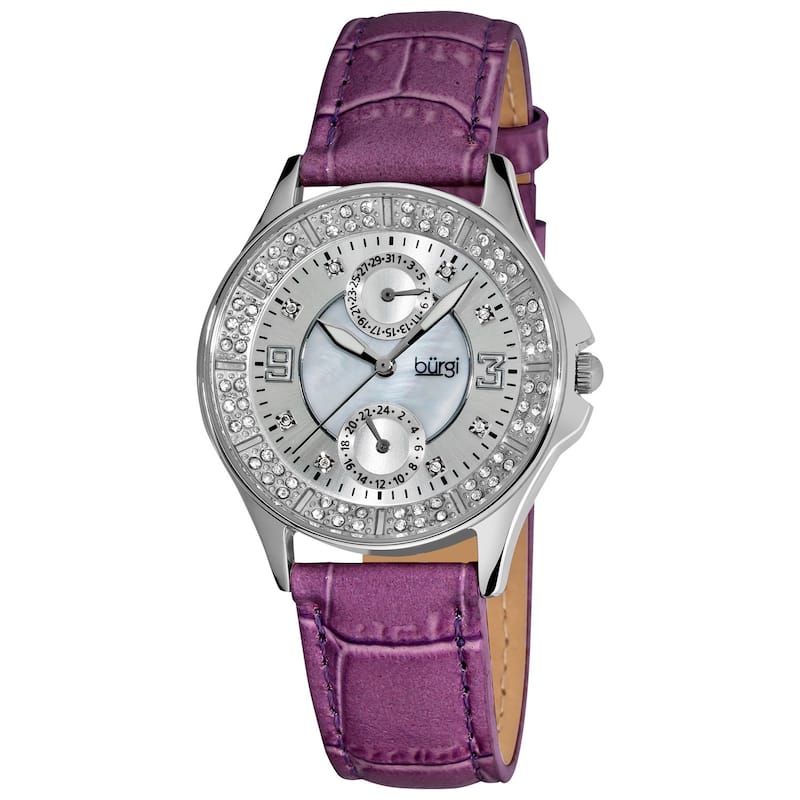 Burgi Women's Diamond Classic Stainless-Steel GMT Date Plum-Red Strap Watch