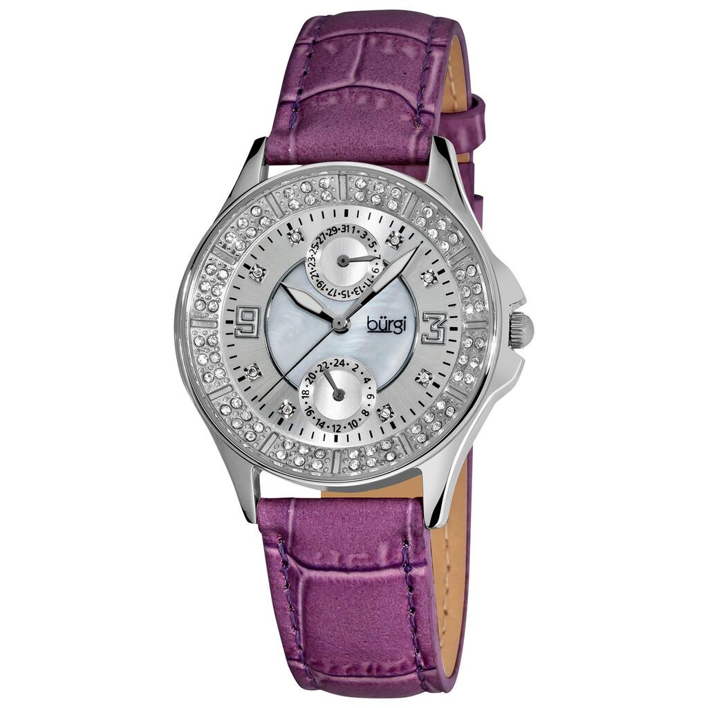 Burgi Women's Diamond Classic Stainless-Steel GMT Date Plum-Red Strap Watch