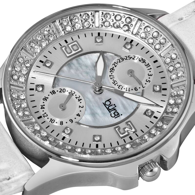 Burgi Women's Diamond Classic Stainless-Steel GMT Date White-Strap Watch