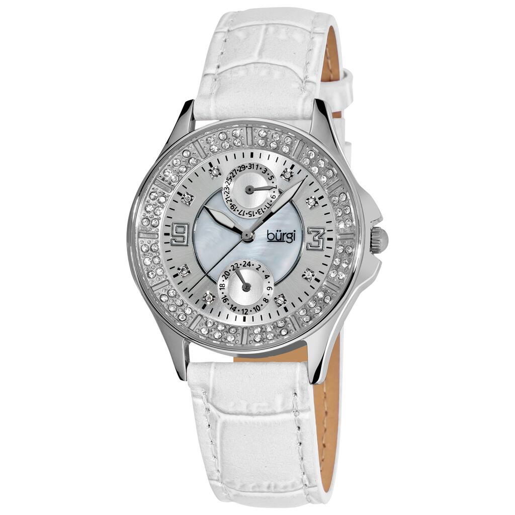 Burgi Women's Diamond Classic Stainless-Steel GMT Date White-Strap Watch